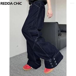 Men's Jeans REDDACHiC Hiphop Men Buttoned Baggy Solid Blue Vintage Wash Patchwork High Rise Loose Wide Leg Denim Pants Y2k Streetwear