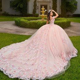 Pink Princess Quinceanera Dresses Ball Gown Off The Shoulder Applique Lace Beads Tull Corset Sweet 16 Vestidos 15 De XV Anos