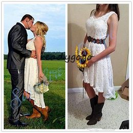 Vintage High Low Beach Wedding Dresses Retro Lace V-neck Summer Holiday Seaside Western Country Cowgirl Wedding Bride Gown 257D
