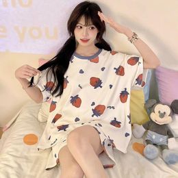 Home Clothing Women Pyjama Sets Summer Korean Loose Pyjamas Sleepwear Short Sleeve Cotton Strawberry Print Female Pijama Mujer Clothes