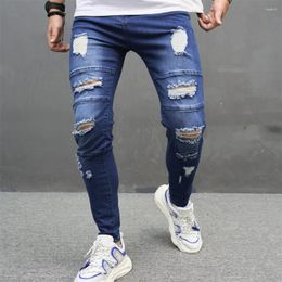 Men's Jeans Stylish Men Splicing Distressed Blue Skinny Biker Pants HipHop Street Male Stretch Holes Cotton Denim Trousers