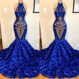 Royal Blue Mermaid Prom Dresses 2019 Rose Flowers Skirts Long Chapel Train Halter African Evening Gowns Gold Applique Beads Formal Dres 301c