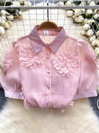 Women's Blouses SINGREINY French Style 3D Floral Blouse Women Lapel Neck Short Sleeves Pearl Loose Top 2024 Fashion Sweet Sheer Chiffon