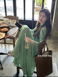Casual Dresses Korean Chic Green Striped Backless Long Sleeved Dress For Women's Summer Retro Lazy Style Loose Fitting Female Clothing