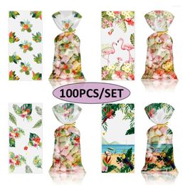 Gift Wrap 100ps/set Printed Candy Bag Packaging Summer Hawaiian Green Leaf Flamingo Children's Birthday Party Bags Holiday Packa