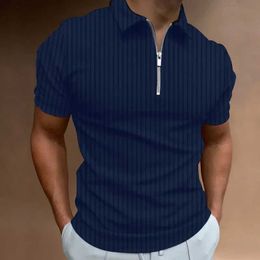 Men's Polos Mens Fashion Polo Shirt 2023 Summer Stripe Zipper Mens Polo Shirt Solid Color T-shirt Brand Short Sleeve Casual Slim Fit TopL2405