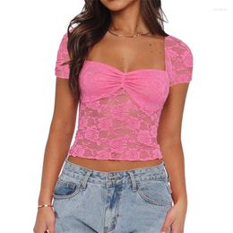 Women's Tanks Xingqing Y2k Lace Top Women Aesthetic Clothes Sheer See Through V Neck Short Sleeve T Shirt 2000s Clothing Streetwear