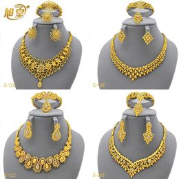 XUHUANG Luxury Flower Shape Golden Necklace Sets For Women Wedding Dubai African Jewelry Set Indian Jewellery Anniversary Gifts 240511