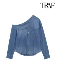 Women's Blouses -Denim Asymmetric Shirts For Women Long Sleeve Front Button Female Chic Tops Fashion