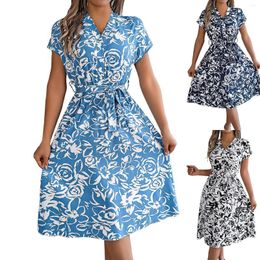 Casual Dresses Spring And Summer V-neck Button-down Short-sleeved Flower Swing Dress Cross-border Women's Clothing