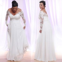Long Sleeves Plus Size Wedding Dresses With Deep V-neck Applique Beach country Wedding Gowns Off The Shoulder Bridal Gowns Vestido De N 253E