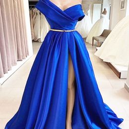Royal Blue Elegant One Shoulder Satin Evening Dresses South African Split Prom Dress Long Formal Party Evening Gowns Gold Sash Ruched 2575
