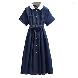 Party Dresses Denim Long Shirt For Women Summer Female Lapel Collar Short Sleeve Large Size Elegant Bandage Single-breasted Vestidos