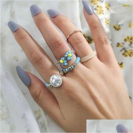 Band Rings 5 Pcs/Set Trendy Bohemian Gold Color Metal White Acrylic Blue Glass Beads Handmade Beaded Weave Flower Set For Women Gift Dhdbp