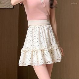 Skirts Sweet Romantic White Dot Lace Pleated Short Skirt Women Summer Black Elegant Elastic High Waist A-line Cake Mini NS5862