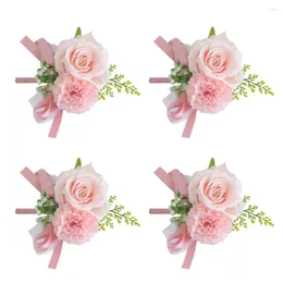 Decorative Flowers 4Pcs Artificial Flower Boutonniere Ribbon Brooch Corsages Groom Party