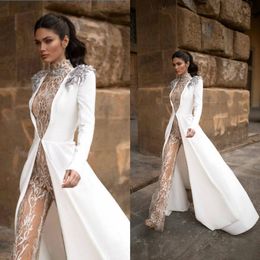 Wedding Jumpsuits With Long Jacket 2020 New High Neck Lace Appliqued Bead Lace Bridal Dress Sweep Train Illusion Beach Wedding Gowns 75 265R