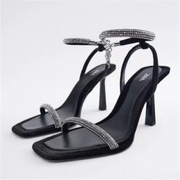 Water Diamond Womens High Heel Shoes Elegant Sandals Womens Chain Thin Sandals Party Shoes Womens Fashion High Heel Sandals Black 240426