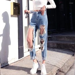 Women's Jeans 5XL High Waist Loose Casual Blue Denim For Women Streetwear Ripped Hole Trousers Lady Fashion Straight Pants C7129