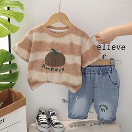 Clothing Sets Korean Baby Boy Summer Clothes 2024 Fashion Pumpkin Striped O-neck Short Sleeve T-shirts And Shorts Boys Boutique