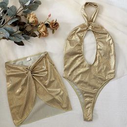 Women's Swimwear Sexy Thong Bathing Suit Women Glitter Two Piece Swimsuit W/Dress Glittering Halter Push Up Bling Beachwear