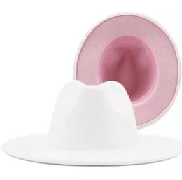 White and Pink Patchwork Women Wide Brim Faux Wool Felt Fedora Hats Unisex Men Vintage Top Cowboy Hat Jazz Party Cap1900860