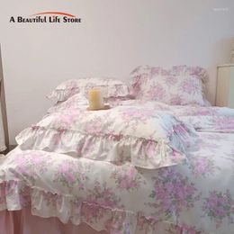 Bedding Sets French Rose Flowers Print Lace Ruffles Set Cotton Duvet Cover Bed Skirt Flat Sheet Fitted Pillowcases