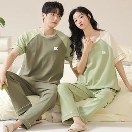Home Clothing 2024 Pure Cotton Couple Pyjamas For Women's Spring Thin Short Sleeved Long Pants Splicing Casual Men's Set