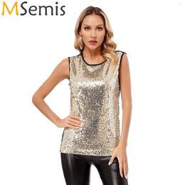 Women's Tanks Womens Sleeveless Crew Neck Tank Top Shiny Sequin Slim Fit Jazz Dance Performance Vest Fully Lining Patchwork T-shirts