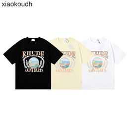 Rhude High end designer T-shirts for Small Trend Sunset Beach Comfortable Pattern Printed Mens and Womens Casual Short Sleeve T-shirt With 1:1 original labels