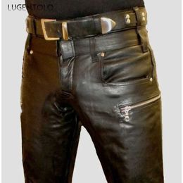 Men's Pants Mens PU pants black synthetic leather zipper casual mens large medium waist straight street mens clothingL2405