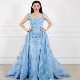 Square Neck Luxury Prom Dresses With Detachable Train Full 3D Floral Applique Beads Evening Gowns Swwep Train Plus Size Formal Gowns HY 2726