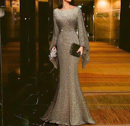 2022 Blue Evening dress prom Gowns Sheer Jewel Neck sequined Lace Long Sleeve Mermaid Prom Dress Sweep Train Custom Made Illusion 6986087