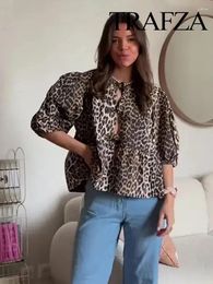 Women's Blouses TRAFZA Spring Chic Leopard Print Hollow Decoration Lace-Up Round Neck Shirt Fashionable Casual Loose Street Top