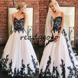 Vintage Black and White Wedding Dresses Retro Lace-up Corset Gothic Lace Applique Garden Outdoor Bridal Informal Wedding Gown 237p