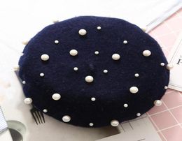 2020Fashion Women Autumn Winter Solid Colour Faux Pearl Beret Hat Warm Painter Cap18174738