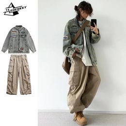 Hip Hop Retro Set Men Women High Street Embroidered Denim JacketsAutumn Wide-leg Loose Cargo Pants Distressed Casual Two-piece 240429