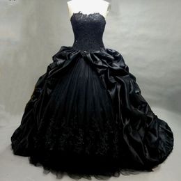 Ball Gown Princess Gothic Black Wedding Dresses Sweetheart Beaded Appliques Taffeta Bridal Dress Robe De Mariee Manche Longue 261u