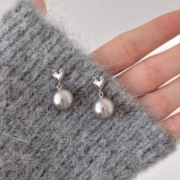 Stud Earrings 925 Sterling Silver Grey Pearl Drop Cute Heart Love Punk For Women Girl Gift Jewellery Wholesale