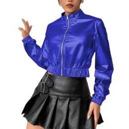 Metallic Shiny Long Sleeve Women Sexy Short Jacket WIth Zipper Slim Clubwear Blouse Novelty Female Top Sexy Women Clothing 7XL