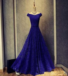 Royal Blue Lace Evening Dresses New Appliqued Long Evening Gowns Short Sleeves Prom Gowns Lace Up7693475