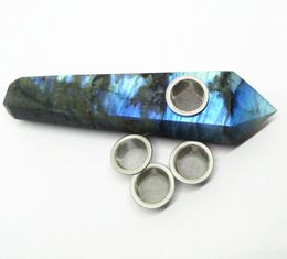Natural gemstone point tobacc tube labradorite crystal wand smoke pipe with three metal mesh and 1 cleaning brush healing6506737