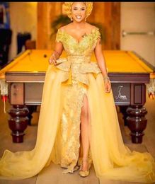 Yellow Lace Evening Dresses Mermaid 2020 African Long Prom Gowns Split Front Off The Shoulder Modest Mother Of The Bride Dress Plu1425765