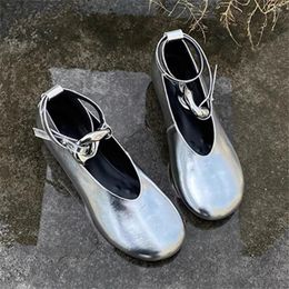 Casual Shoes Silver Women Ballet Flats Ankle Straps Height Increasing Mary Janes Ladies Metal Ring Decor Flat Round Toe Loafers