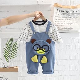 Clothing Sets Spring Autumn Baby Boy Clothes Luxury Outfit 6 Months Cartoon Striped O-neck Long Sleeve T-shirts And Overalls Kids Set