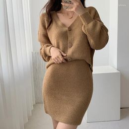 Work Dresses Elegant Knitted 2 Pieces Sets 2024 Autumn Women Female Casual Full Sleeve V-neck Sweaters Mini Skirts Suits Ladies Y829