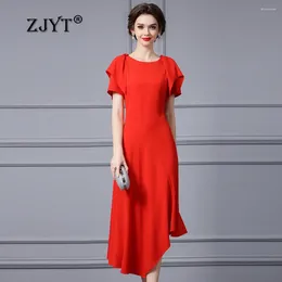 Party Dresses ZJYT Elegant Asymmetrical Midi For Women Summer Short Sleeve Red Evening Dress 2024 Fashion Female Clothing