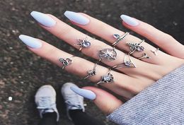 Vintage Engraved Rudder Leaf 9pcs/set Band Ring Sets Retro Tin Alloy Sky Blue CZ Zircon Bohemian Designer Jewelry Women Ring Gifts6026850