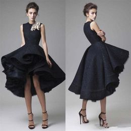 NEW Arabic High Low Black Evening Dresses Jewel Handmade Flowers Ruffles Lace And Tulle Prom Dress Christmas Formal Cocktail Party Gown 341d