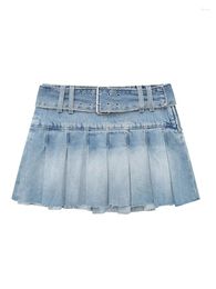 Skirts Denim Pleated Skirt For Women Belt Mid Waist Burrs Design Casual Fashion Blue A-line Mini Summer 2024 Trendy XX321